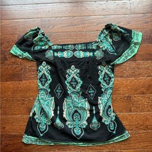 INC International Concepts Black and Teal Off-Shoulder Printed Blouse